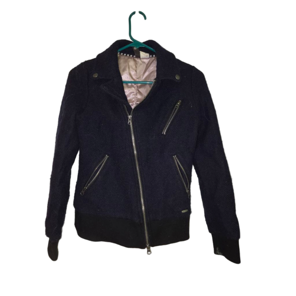 Women's Navy Wool Blend Moto Jacket Size S